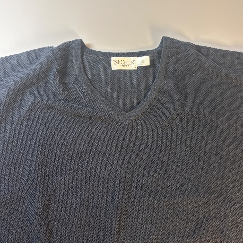 St Croix Knits Mens XL Navy Blue‎ V-Neck Textured Cotton Microfiber Sweater USA